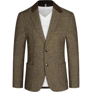 PJ PAUL JONES Mens Herringbone Blazer Vintage Tweed Wool Blend Sport Coat Jacket(Coffee)
