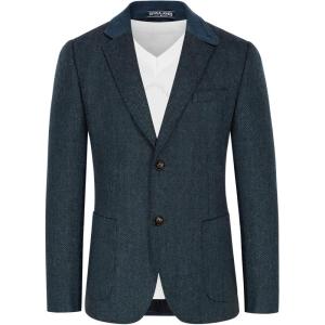 PJ PAUL JONES Mens Herringbone Blazer Vintage Tweed Wool Blend Sport Coat Jacket(Dark Blue)