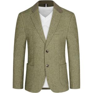 PJ PAUL JONES Mens Herringbone Blazer Vintage Tweed Wool Blend Sport Coat Jacket(Olive Green)