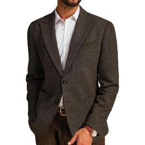 PJ PAUL JONES Mens Herringbone Tweed Sport Coat Vintage Wool Blend Two Button Blazer Jacket with Pockets(Coffee Peak Lapel)