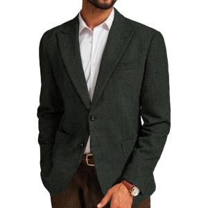 PJ PAUL JONES Mens Herringbone Tweed Sport Coat Vintage Wool Blend Two Button Blazer Jacket with Pockets(Dark Green Peak Lapel)