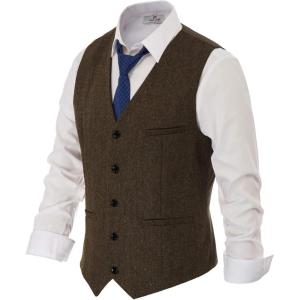 PJ PAUL JONES Men’s Herringbone Tweed Suit Vest Casual Wool Blend Waistcoat(Coffee)