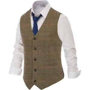 PJ PAUL JONES Men’s Herringbone Tweed Suit Vest Casual Wool Blend Waistcoat(Coffee(plaid))