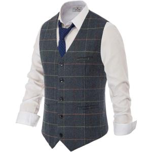 PJ PAUL JONES Men’s Herringbone Tweed Suit Vest Casual Wool Blend Waistcoat(Dark Blue(plaid))