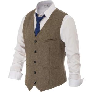 PJ PAUL JONES Men’s Herringbone Tweed Suit Vest Casual Wool Blend Waistcoat(Light Coffee)