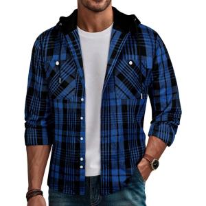 PJ PAUL JONES Mens Hooded Flannel Shirt Long Sleeve Plaid Shirts Hoodie Jackets(Hooded Blue Black)