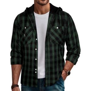 PJ PAUL JONES Mens Hooded Flannel Shirt Long Sleeve Plaid Shirts Hoodie Jackets(Hooded Green Black)