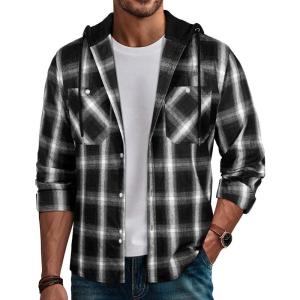 PJ PAUL JONES Mens Hooded Flannel Shirt Long Sleeve Plaid Shirts Hoodie Jackets(Hooded Grey Black)