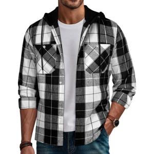 PJ PAUL JONES Mens Hooded Flannel Shirt Long Sleeve Plaid Shirts Hoodie Jackets(Hooded White Black)