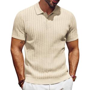 PJ PAUL JONES Mens Knit Polo Shirt Short Sleeve Textured Polo Shirts Casual Summer Collared Polo T Shirt(Apricot)