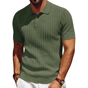 PJ PAUL JONES Mens Knit Polo Shirt Short Sleeve Textured Polo Shirts Casual Summer Collared Polo T Shirt(Army Green)