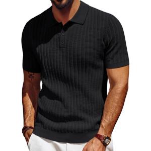 PJ PAUL JONES Mens Knit Polo Shirt Short Sleeve Textured Polo Shirts Casual Summer Collared Polo T Shirt(Black)