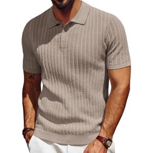 PJ PAUL JONES Mens Knit Polo Shirt Short Sleeve Textured Polo Shirts Casual Summer Collared Polo T Shirt(Camel)