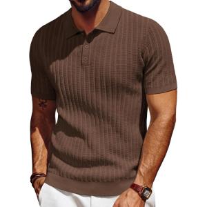 PJ PAUL JONES Mens Knit Polo Shirt Short Sleeve Textured Polo Shirts Casual Summer Collared Polo T Shirt(Coffee)