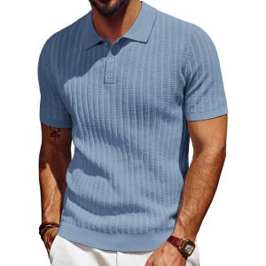 PJ PAUL JONES Mens Knit Polo Shirt Short Sleeve Textured Polo Shirts Casual Summer Collared Polo T Shirt(Gray Blue)