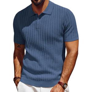 PJ PAUL JONES Mens Knit Polo Shirt Short Sleeve Textured Polo Shirts Casual Summer Collared Polo T Shirt(Indigo)