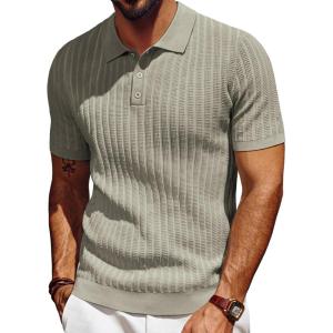 PJ PAUL JONES Mens Knit Polo Shirt Short Sleeve Textured Polo Shirts Casual Summer Collared Polo T Shirt(Khaki)