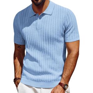 PJ PAUL JONES Mens Knit Polo Shirt Short Sleeve Textured Polo Shirts Casual Summer Collared Polo T Shirt(Light Blue)