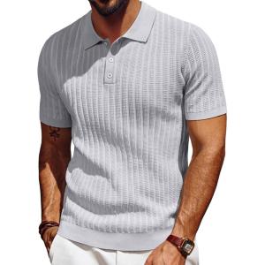 PJ PAUL JONES Mens Knit Polo Shirt Short Sleeve Textured Polo Shirts Casual Summer Collared Polo T Shirt(Light Gray)