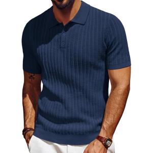 PJ PAUL JONES Mens Knit Polo Shirt Short Sleeve Textured Polo Shirts Casual Summer Collared Polo T Shirt(Navy Blue)