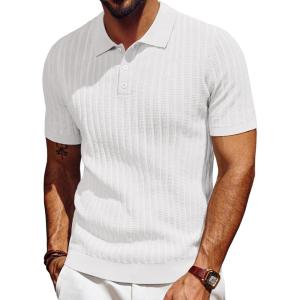 PJ PAUL JONES Mens Knit Polo Shirt Short Sleeve Textured Polo Shirts Casual Summer Collared Polo T Shirt(White)