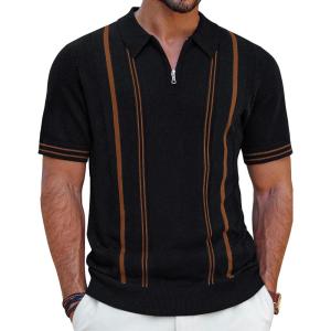 PJ PAUL JONES Mens Knit Polo Shirts Short Sleeve Quarter Zip Golf Shirt Vintage Shirts for Men(Black-light Brown)