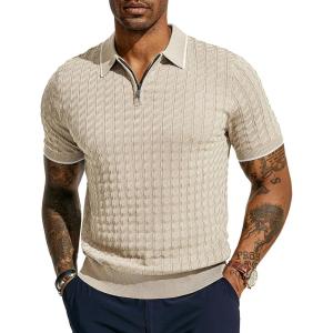 PJ PAUL JONES Men’s Knit Polo Shirts Short Sleeve Quarter Zip Polo Shirt(Beige)