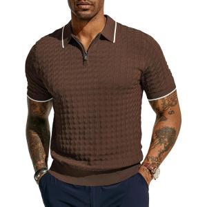 PJ PAUL JONES Men’s Knit Polo Shirts Short Sleeve Quarter Zip Polo Shirt(Coffee)