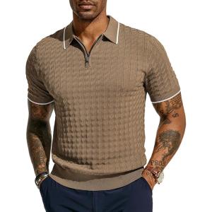 PJ PAUL JONES Men’s Knit Polo Shirts Short Sleeve Quarter Zip Polo Shirt(Khaki)
