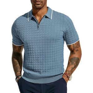 PJ PAUL JONES Men’s Knit Polo Shirts Short Sleeve Quarter Zip Polo Shirt(Light Blue)