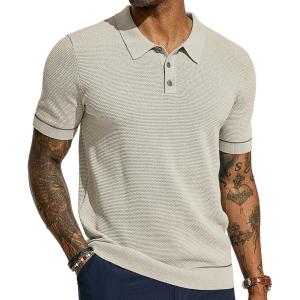 PJ PAUL JONES Mens Knit Polo Shirts Short Sleeve Textured Polo Shirts Sretchy Regular Fit(Apricot)