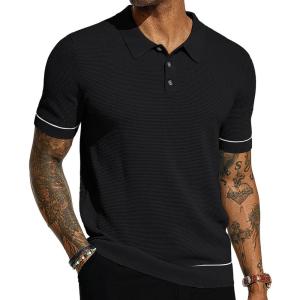 PJ PAUL JONES Mens Knit Polo Shirts Short Sleeve Textured Polo Shirts Sretchy Regular Fit(Black)