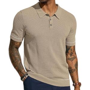 PJ PAUL JONES Mens Knit Polo Shirts Short Sleeve Textured Polo Shirts Sretchy Regular Fit(Camel)