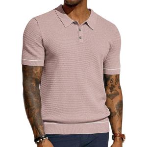 PJ PAUL JONES Mens Knit Polo Shirts Short Sleeve Textured Polo Shirts Sretchy Regular Fit(Dusty Pink)