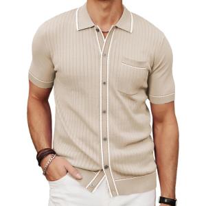 PJ PAUL JONES Mens Knit Shirts Vintage Retro Short Sleeve Button Down Vacation Polo Shirts(Apricot)