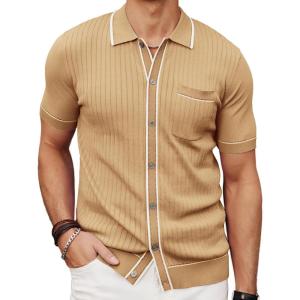 PJ PAUL JONES Mens Knit Shirts Vintage Retro Short Sleeve Button Down Vacation Polo Shirts(Apricot Camel)