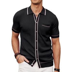 PJ PAUL JONES Mens Knit Shirts Vintage Retro Short Sleeve Button Down Vacation Polo Shirts(Black)