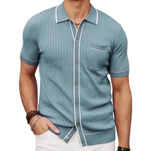 PJ PAUL JONES Mens Knit Shirts Vintage Retro Short Sleeve Button Down Vacation Polo Shirts(Blue)