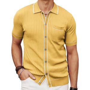 PJ PAUL JONES Mens Knit Shirts Vintage Retro Short Sleeve Button Down Vacation Polo Shirts(Gold Yellow)