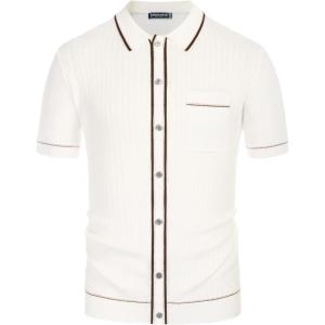 PJ PAUL JONES Mens Knit Shirts Vintage Retro Short Sleeve Button Down Vacation Polo Shirts(Ivory)