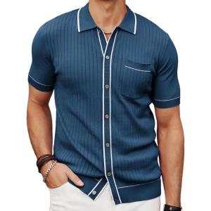 PJ PAUL JONES Mens Knit Shirts Vintage Retro Short Sleeve Button Down Vacation Polo Shirts(Royal Blue)