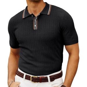 PJ PAUL JONES Mens Knitted Polo Shirts Short Sleeve Textured Pullover Golf Polo T Shirts(Black)