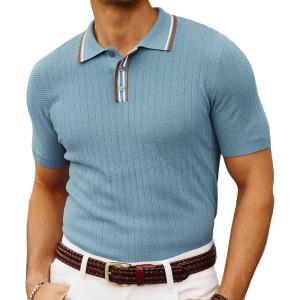 PJ PAUL JONES Mens Knitted Polo Shirts Short Sleeve Textured Pullover Golf Polo T Shirts(Blue)