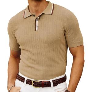 PJ PAUL JONES Mens Knitted Polo Shirts Short Sleeve Textured Pullover Golf Polo T Shirts(Camel)