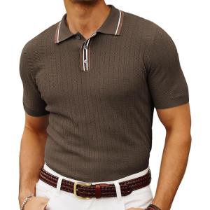PJ PAUL JONES Mens Knitted Polo Shirts Short Sleeve Textured Pullover Golf Polo T Shirts(Coffee)