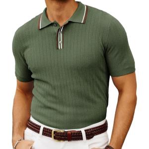 PJ PAUL JONES Mens Knitted Polo Shirts Short Sleeve Textured Pullover Golf Polo T Shirts(Green)