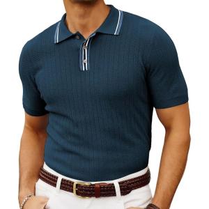 PJ PAUL JONES Mens Knitted Polo Shirts Short Sleeve Textured Pullover Golf Polo T Shirts(Navy Blue)