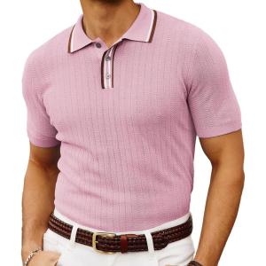PJ PAUL JONES Mens Knitted Polo Shirts Short Sleeve Textured Pullover Golf Polo T Shirts(Pink Purple)