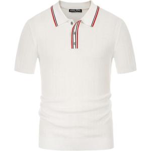 PJ PAUL JONES Mens Knitted Polo Shirts Short Sleeve Textured Pullover Golf Polo T Shirts(White)