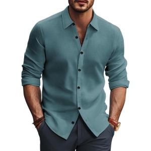 PJ PAUL JONES Mens Long Sleeve Button Down Shirts Wrinkle Free Stretch Untucked Dress Shirts Business Casual Shirt(Blue Green)